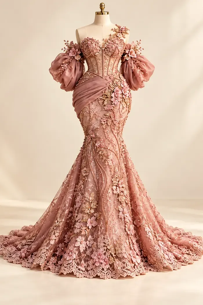 A blush lace gown with sculpted sleeves, handmade by a Seamesy designer