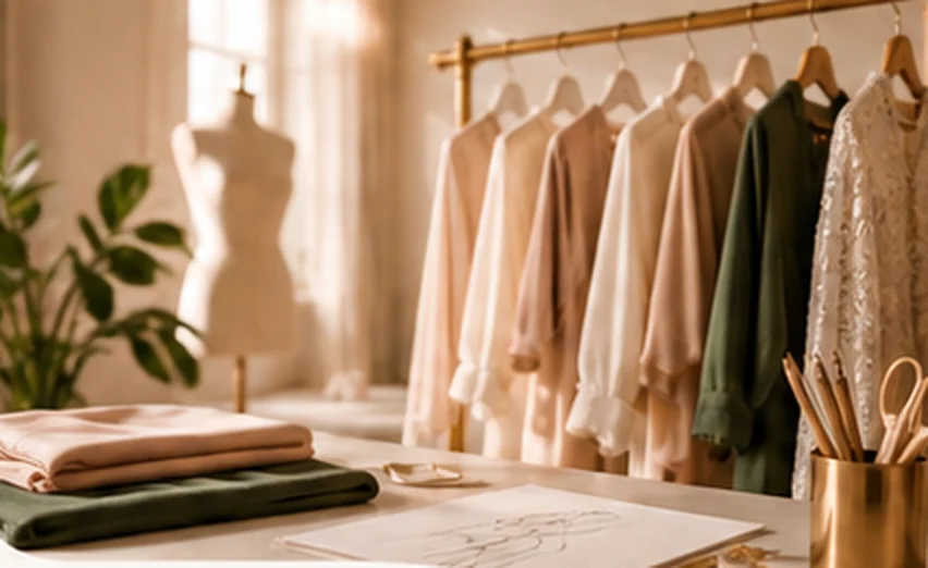 A sunlit design studio with a dress form, a rail of finished garments and folded fabric on the cutting table